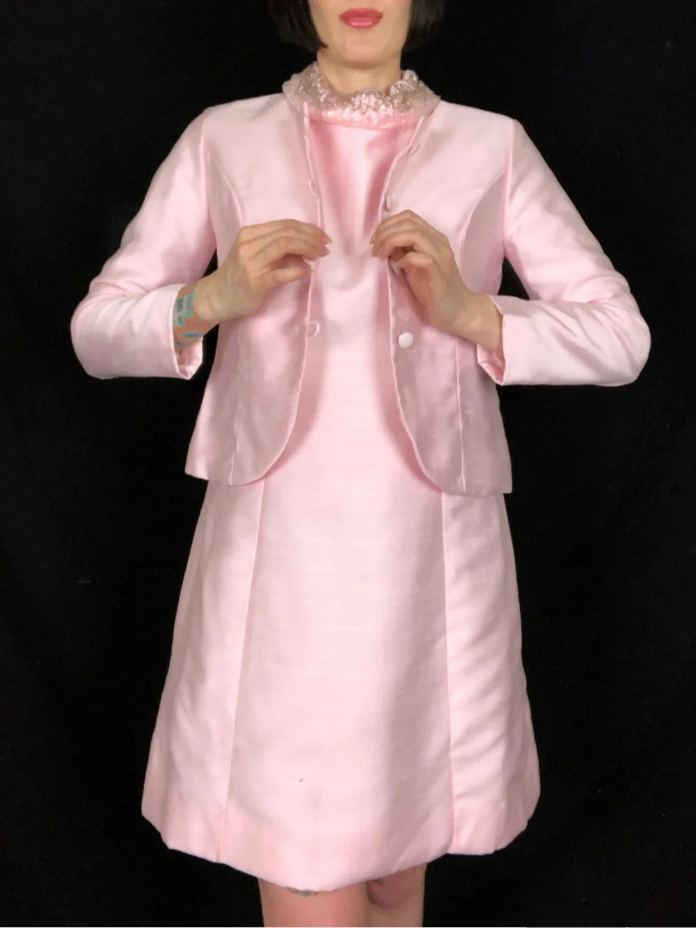 Vintage 1960s Light Pink Cotton Wool Blend Matching Two Piece Dress Coat Set